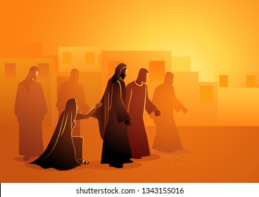 Biblical vector illustration series. Jesus heals the bleeding woman