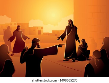 Biblical vector illustration series, Jesus Forgives Adulterous Woman. Let he who is without sin cast the first stone