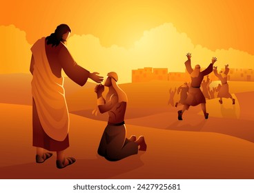 Biblical vector illustration series, Jesus heals ten lepers, only one returns to thank Jesus svg
