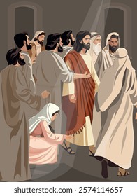 Biblical vector illustration series. Jesus heals the bleeding woman