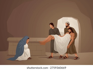 Biblical vector illustration series. Jesus Laid in the Tomb, The Entombment of Christ.
