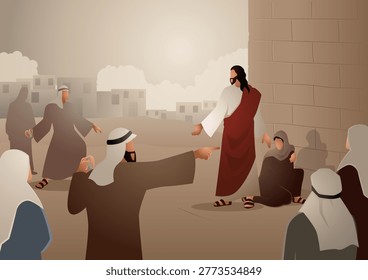 Biblical vector illustration series, Jesus Forgives Adulterous Woman. Let he who is without sin cast the first stone