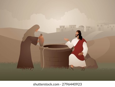Biblical vector illustration series, Jesus and the Samaritan woman at the well