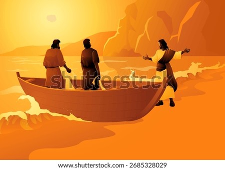 Biblical vector illustration series, Jesus Calling His First Disciples Peter and Andrew. Biblical Illustration of Fishermen and Boat at Sunrise
