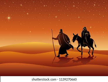 Biblical vector illustration series. Mary and Joseph, journey to Bethlehem, for Christmas theme