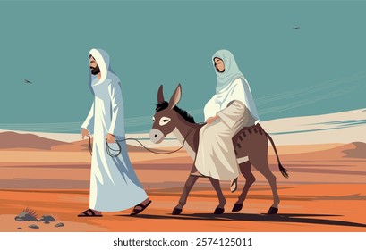 Biblical vector illustration series. Mary and Joseph journeying through the dessert with a donkey to the city of Bethlehem 