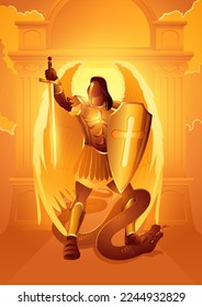 Biblical vector illustration series, Michael the archangel with sword and shield standing over a serpent