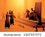 Biblical vector illustration series, Moses and Aaron went to Pharaoh and did what the Lord had commanded them. Aaron threw down his staff before Pharaoh and his officials, and it became a serpent