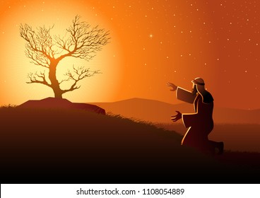 Biblical vector illustration series, Moses and the burning bush