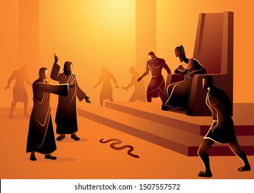 Biblical vector illustration series, Moses and Aaron went to Pharaoh and did what the Lord had commanded them. Aaron threw down his staff before Pharaoh and his officials, and it became a serpent