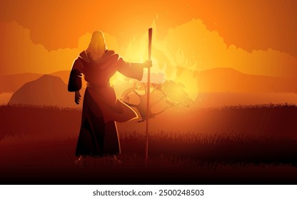 Biblical vector illustration series, Moses and the burning bush