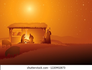 Biblical Vector Illustration Series, Nativity Scene Of The Holy Family In Stable. Christmas Theme