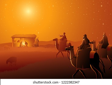 Biblical vector illustration series, nativity scene of The Holy Family and three wise men. Christmas theme