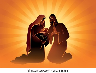 Biblical vector illustration series, nativity scene of The Holy Family. Mary and Joseph with baby Jesus. Christmas theme