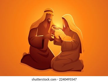 Biblical vector illustration series, nativity scene of The Holy Family, Mary and Joseph with baby Jesus, Christmas theme