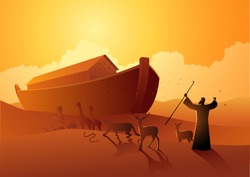 Biblical vector illustration series, Noah and the ark before great flood