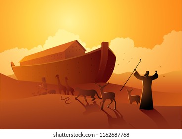 Biblical Vector Illustration Series, Noah And The Ark Before Great Flood