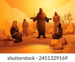 Biblical vector illustration series, Paul and his companions meet Lydia in Philippi while spreading Christ