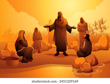 Biblical vector illustration series, Paul and his companions meet Lydia in Philippi while spreading Christ's message. Lydia converts and warmly hosts them and fellow believers