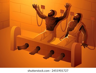 Biblical vector illustration series, Paul and Silas had a tough time in prison, but they stayed strong. Even though they were locked up, their strong faith in God gave them hope and light in the dark