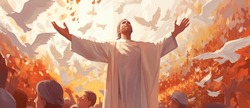 Biblical Vector Illustration Series, Pentecost Also Called Whit Sunday, Whitsunday Or Whitsun. It Commemorates The Descent Of The Holy Spirit Upon The Apostles And Other Followers Of Jesus Christ