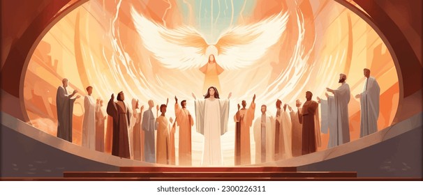 Biblical vector illustration series, Pentecost also called Whit Sunday, Whitsunday or Whitsun. It commemorates the descent of the Holy Spirit upon the Apostles and other followers of Jesus Christ 