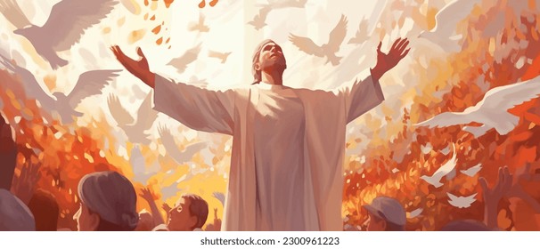 Biblical vector illustration series, Pentecost also called Whit Sunday, Whitsunday or Whitsun. It commemorates the descent of the Holy Spirit upon the Apostles and other followers of Jesus Christ