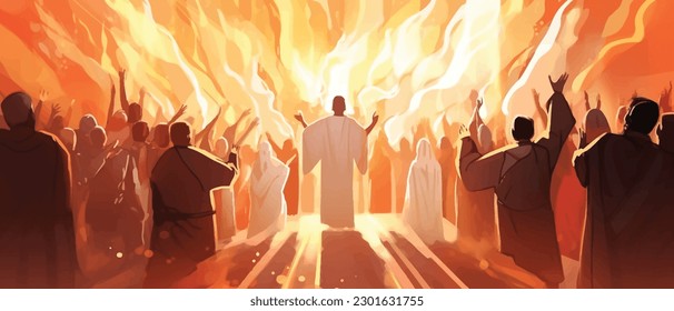 Biblical vector illustration series, Pentecost also called Whit Sunday, Whitsunday or Whitsun. It commemorates the descent of the Holy Spirit upon the Apostles and other followers of Jesus Christ