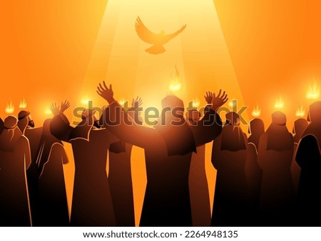 Biblical vector illustration series, Pentecost also called Whit Sunday, Whitsunday or Whitsun. It commemorates the descent of the Holy Spirit upon the Apostles and other followers of Jesus Christ