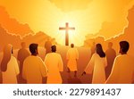 Biblical vector illustration series of people climbed the hill towards the cross. Followers, hope, God mercy concept