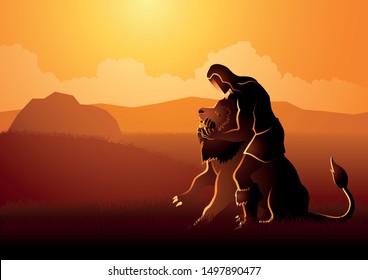 Biblical vector illustration series, Samson Fighting The Lion