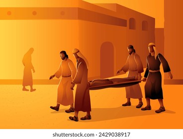 Biblical vector illustration series, biblical scene of four friends carrying a paralyzed man to Jesus svg