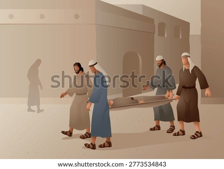 Biblical vector illustration series, biblical scene of four friends carrying a paralyzed man to Jesus