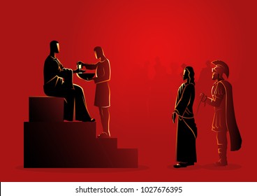 Biblical vector illustration series. Way of the Cross or Stations of the Cross, first station, Pilate condemns Jesus to die.