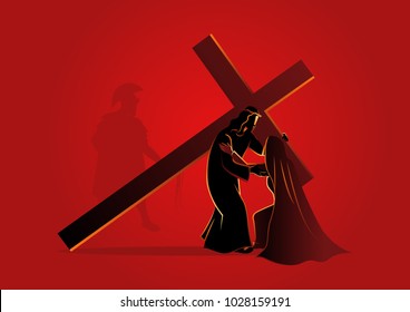 Biblical vector illustration series. Way of the Cross or Stations of the Cross, fourth station, Jesus meets his blessed mother, Mary.