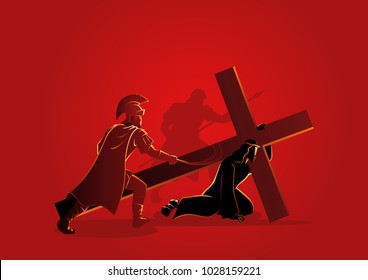 Biblical vector illustration series. Way of the Cross or Stations of the Cross, third station, Jesus falls for the first time.