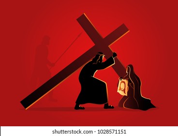 Biblical vector illustration series. Way of the Cross or Stations of the Cross, sixth station, Veronica wipes the face of Jesus.