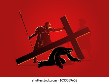 Biblical vector illustration series. Way of the Cross or Stations of the Cross, seventh station, Jesus falls for the second time.