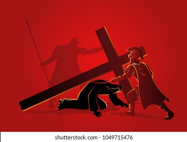 Biblical vector illustration series. Way of the Cross or Stations of the Cross, ninth station, Jesus falls for the third time.