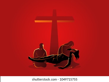 Biblical vector illustration series. Way of the Cross or Stations of the Cross, thirteenth station, Jesus is taken down from the cross.