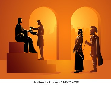 Biblical vector illustration series. Way of the Cross or Stations of the Cross, Pilate condemns Jesus to die.