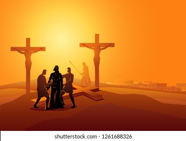 Biblical vector illustration series. Way of the Cross or Stations of the Cross, tenth station, Jesus is Stripped of His Garments.