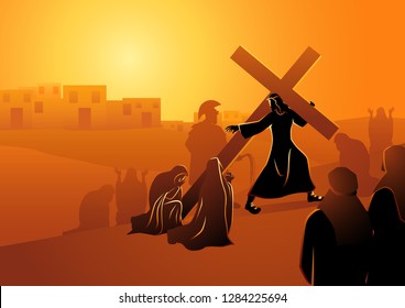 Biblical vector illustration series. Way of the Cross or Stations of the Cross, eighth station, The Women of Jerusalem Mourn for Jesus.