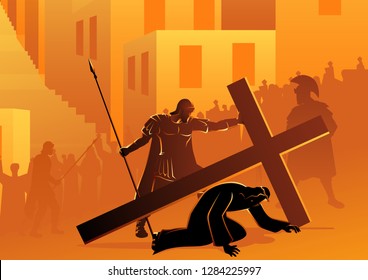 Biblical vector illustration series. Way of the Cross or Stations of the Cross, seventh station, Jesus falls for the second time.