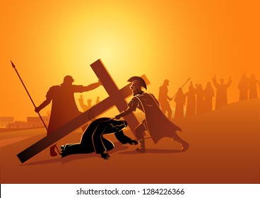 Biblical vector illustration series. Way of the Cross or Stations of the Cross, ninth station, Jesus falls for the third time.
