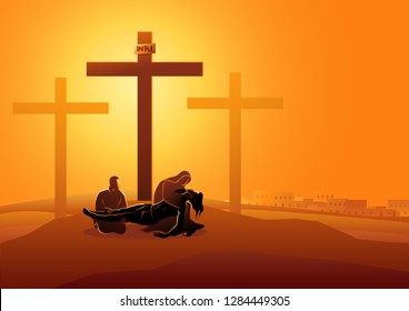 Biblical vector illustration series. Way of the Cross or Stations of the Cross, thirteenth station, Jesus is taken down from the cross.