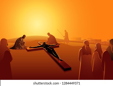 Biblical vector illustration series. Way of the Cross or Stations of the Cross, eleventh station, Jesus is Nailed To The Cross.