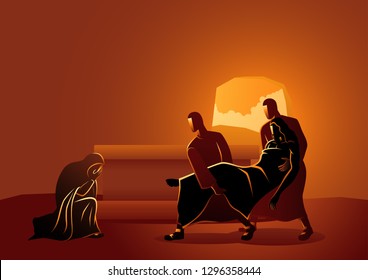 Biblical vector illustration series. Way of the Cross or Stations of the Cross, fourteenth, Jesus is placed in the tomb.
