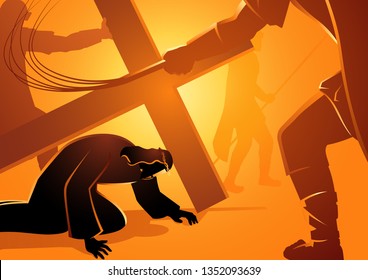 Biblical vector illustration series. Way of the Cross or Stations of the Cross,  Jesus falls.