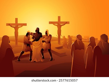 Biblical vector illustration series. Way of the Cross or Stations of the Cross, tenth station, Jesus is Stripped of His Garments.